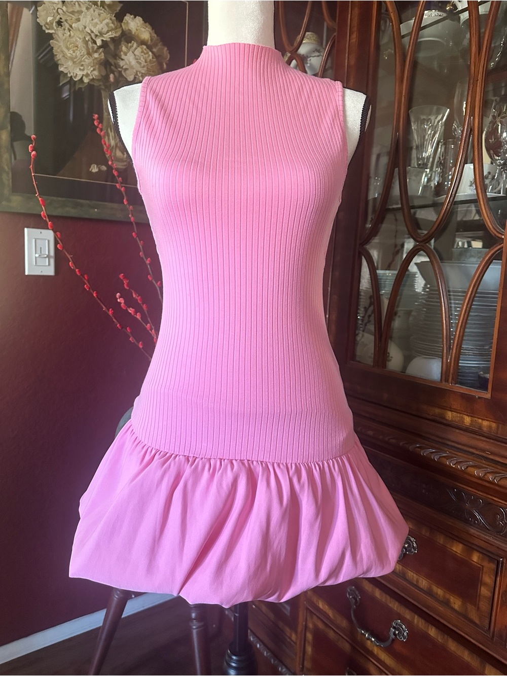 Zara Sleeveless Pink Ribbed Bubble-Hem Dress